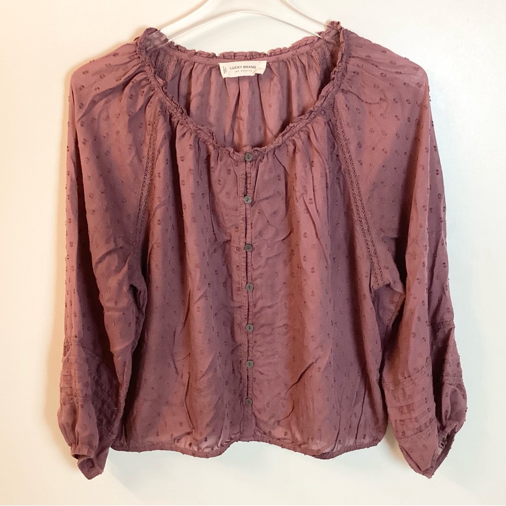 Lucky Brand Long Sleeve Swiss Dot Bubble Hem Peasant Top - Rose Brown - L - Picture 2 of 10